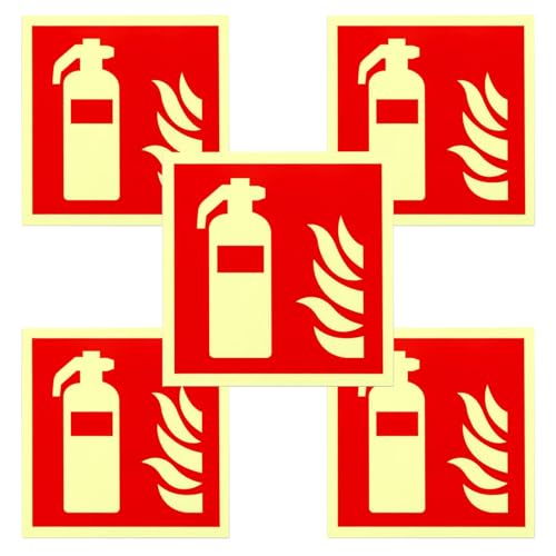 CLKE 5 Stück 15x15cm Feuerlöscher Schild Nachleuchtend, Feuerlöscher PVC Starker Kleber, Brandschutzzeichen nach ISO - UV-Schutz für Innen und Außen von CLKE