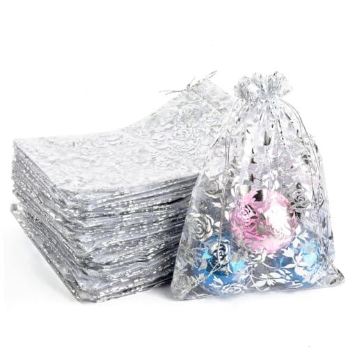 CLTPY 100 PCS Organzasäckchen 15x20cm Silber Rose Muster Organzabeutel Schmuckbeutel Geschenksäckchen Kordelzug Duftsäckchen Organza Säckchen für Hochzeit Weihnachten Gastgeschenke Süßigkeiten von CLTPY