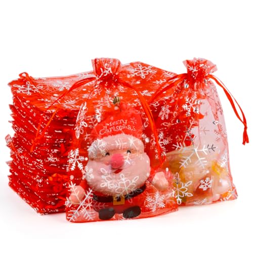 CLTPY 100 Stück 10x15 CM Organzasäckchen Weihnachten Rot, Schneeflocken Organza Säckchen, Schmuckbeutel, Geschenksäckchen, Geschenk Organzabeutel, Geschenkbeutel Weihnachten für Hochzeiten Party von CLTPY