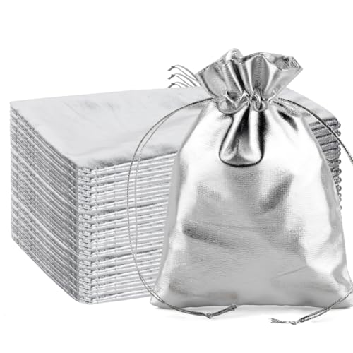 CLTPY 100 Stück Silber Geschenktüten, 15 * 20 cm Geschenktüten mit Kordelzug, Candy Säckchen, Adventskalender Zum Befüllen, Schmuckbeutel für Hochzeit Gastgeschenke, Partyfeiern, WeihnachtenJubiläen von CLTPY