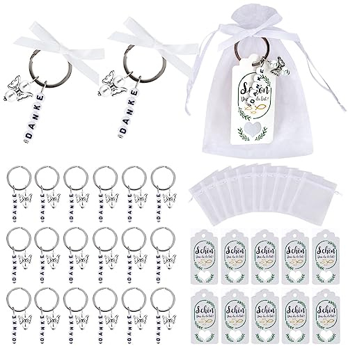 CLTPY Schutzengel Schlüsselanhänger 20 Stück Personalisierte Gastgeschenk Taufe Anhänger Hochzeit Danke Kartenanhänger Organza Beutel Weißes Schleife Kommunion Weihnachten Engel Anhänger von CLTPY