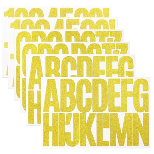 6 Blatt 7,6 cm große glitzernde goldene Vinyl-Buchstaben-Zahlen-Aufkleber, selbstklebende Alphabet-Symbol-Aufkleber für Briefkasten, Tür, Sammelalbum, Hausnummer und Adresse von CMBBZZY