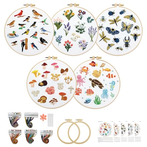 CMINAUS 5 Sets Stickset für Anfänger Stickerei Start Kit mit Blumen Vögel Insekten Pilze Gestempelt Muster DIY Nadelspitze Kit für Anfänger Kreuzstich-Set für Erwachsene Inklusive 2 Reifen von CMINAUS