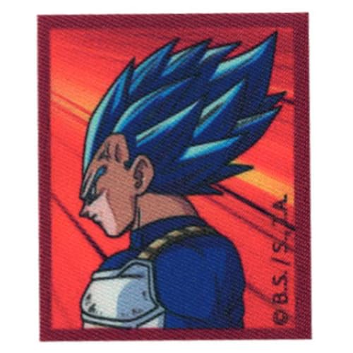 COMERCIAL MERCERA, Dekorativer Aufnäher zum Aufbügeln, Dragon Ball, Aufnäher für T-Shirts, Kappen, Schulrucksäcke, 100% Polyester, Bedruckt, 6,5x5,5 Cm - 6 Cm (Super Saiyan Vegeta Blau) von CMM COMERCIAL MERCERA