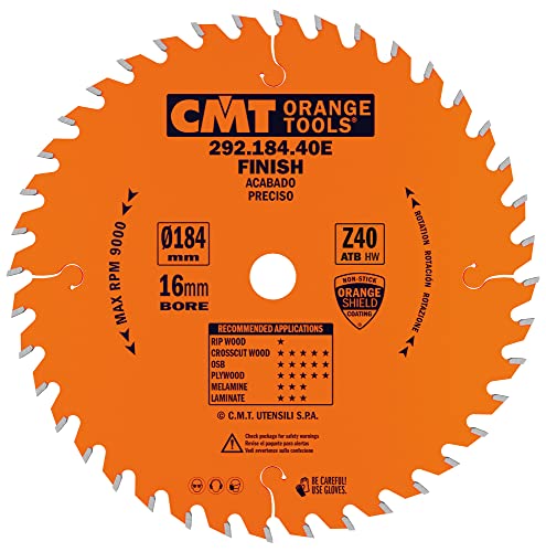 CMT Orange Tools Kreissägeblatt Feinschnitt HW 184 x 2,6 / 1,6 x 16 Z=40 15° ATB - 292.184.40E - für Querschnitte von CMT