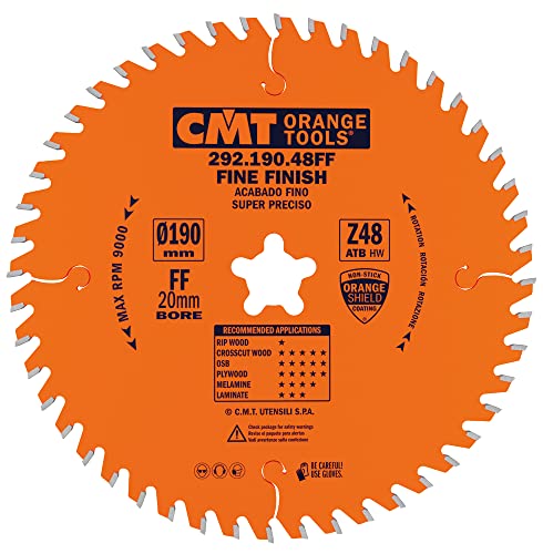 CMT Orange Tools Kreissägeblatt Feinschnitt HW 190 x 2,4 / 1,6 x 20 (Feestool® FF) Z=48 15° ATB - 292.190.48FF - für Querschnitte von CMT