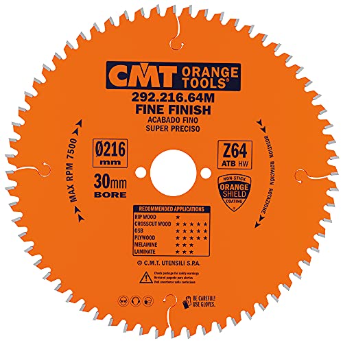 CMT Orange Tools Kreissägeblatt Feinschnitt HW 216 x 2,8 / 1,8 x 30 Z=64 15° ATB - 292.216.64M - für Querschnitte von CMT