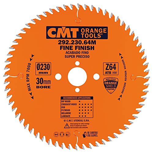 CMT Orange Tools Kreissägeblatt Feinschnitt HW 230 x 2,8 / 1,8 x 30 Z=64 15° ATB - 292.230.64M - für Querschnitte von CMT