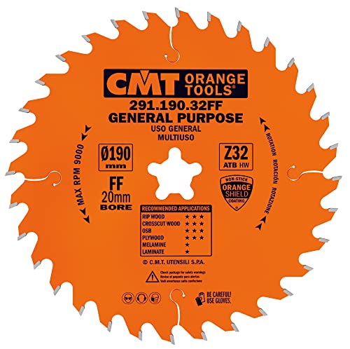 CMT Orange Tools Kreissägeblatt HW 190 x 2,6 / 1,6 x 20 (Festool® FF) Z=32 10° ATB - 291.190.32FF - für Längs- und Querschnitte von CMT