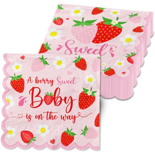 Erdbeer-Servietten für Babypartys, 50 Stück, "A Berry Sweet Baby is on the Way", Erdbeer-Servietten, süße Baby-Servietten für Erdbeer-Babyparty-Zubehör von CMUSKO