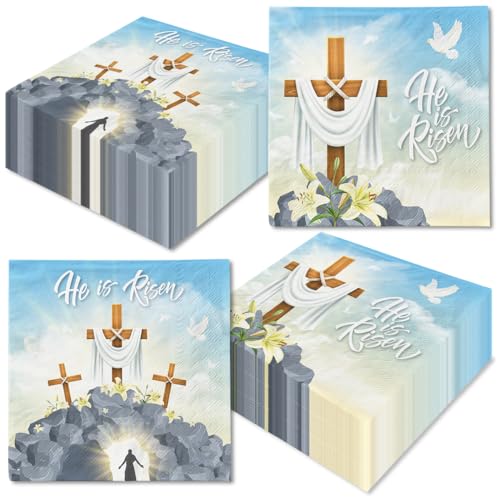 Ostern Servietten mit Aufschrift "He is Risen", 40 Stück, Frohe Ostern, Religion, Jesus, Papierservietten, Kreuz, Osterservietten für Ostern, Frühling, Partyzubehör von CMUSKO