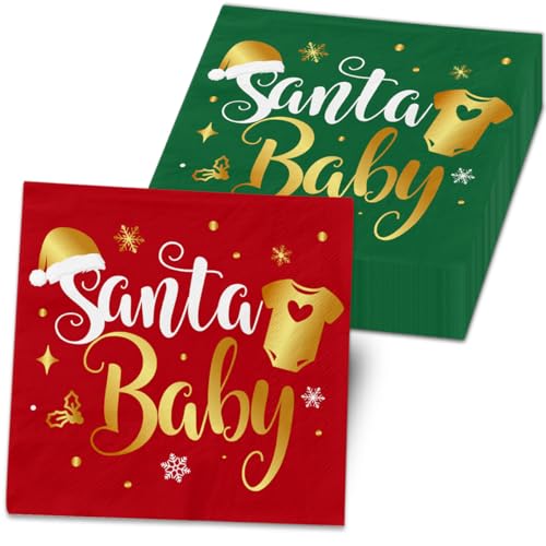 Weihnachts-Servietten für Babypartys, 40 Stück, Weihnachtsmann-Babyparty-Dekorationen, Papierservietten, rot und grün, Weihnachtsmann-Baby-Servietten für Weihnachten, Winterurlaub, kleine Babyparty, von CMUSKO