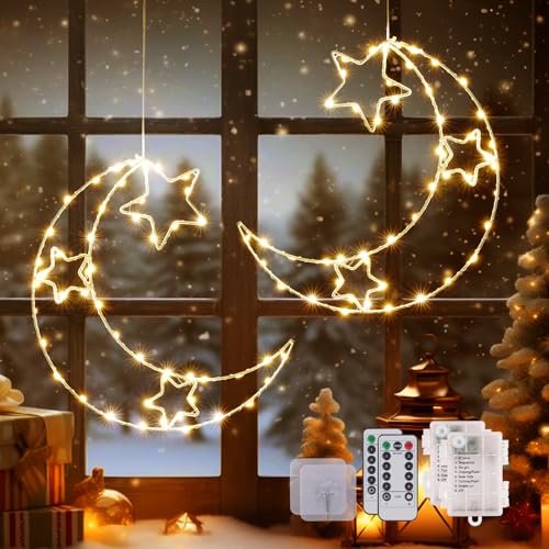 CMYK 100 LED Sterne Weihnachtsbeleuchtung Fenster, 8 Modi Weihnachtsdeko Fenster mit Fernbedienung & Timer - Batterie Lichterkette Fenster Weihnachtsstern Fenster mit 2 Klebehaken für Innen (2 Stück) von CMYK