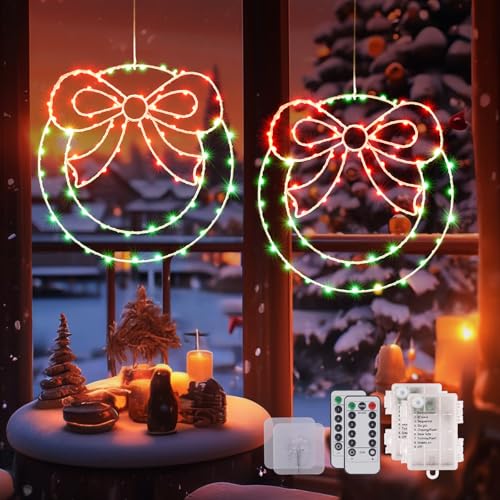 170 LED Weihnachtsdeko Fenster, 8 Modi Warmweiß Weihnachtsbeleuchtung Fenster, Kranz Lichtervorhang Batteriebetriebene mit Fernbedienung und Timer für Weihnachten Deko, Party, Balkon, Garten (2 Stück) von CMYK