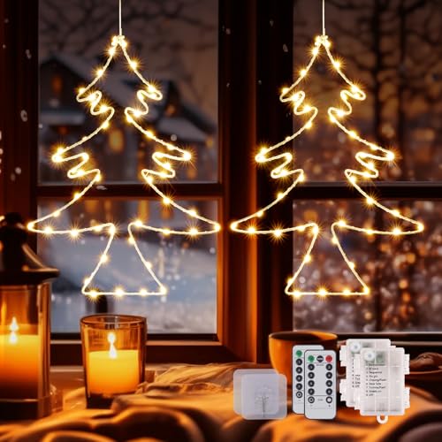 86 LED Weihnachtsdeko Fenster, 8 Modi Weihnachtsbaum Weihnachtsbeleuchtung mit Fernbedienung & Timer, Batterie Fensterbeleuchtung Weihnachten mit 2 Klebehaken für Innen Außen Fenster Wand(2 Stück) von CMYK