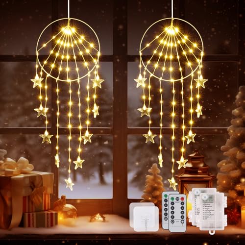 86 LED Weihnachtsdeko Fenster, 8 Modi Weihnachtsbeleuchtung mit Fernbedienung & Timer, Batterie Fensterbeleuchtung Weihnachten Traumfänger-Stil Lichterkette für Innen Außen Fenster Wand(2 Stück) von CMYK