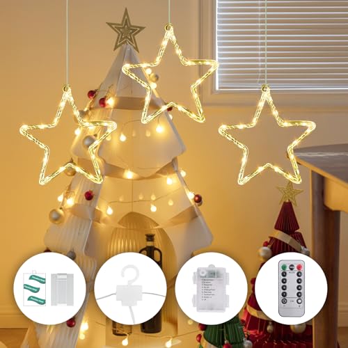 CMYK Weihnachtsbeleuchtung Fenster mit 3 Sterne 60LED Weihnachtsdeko Beleuchtet Batteriebetrieb LED mit Fernbedienung 8 Modi Timer Fensterbeleuchtung Weihnachten mit 5 Klebehaken von CMYK
