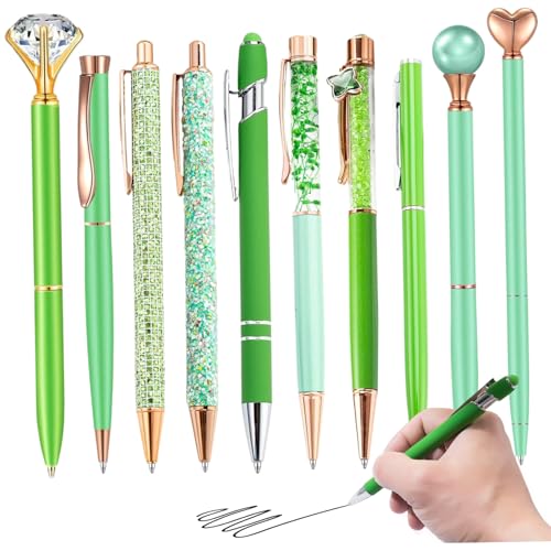 10pcs/Set -Kugelstifte, Kristallglittergrüne Stifte Edelstahl Kugelschreiber einzigartiger Stifte Diamond Stift Schwarze Tintenstifte Pretty niedliche Stifte Geschenke für Journaling Women Schoo von CNAFGBGG