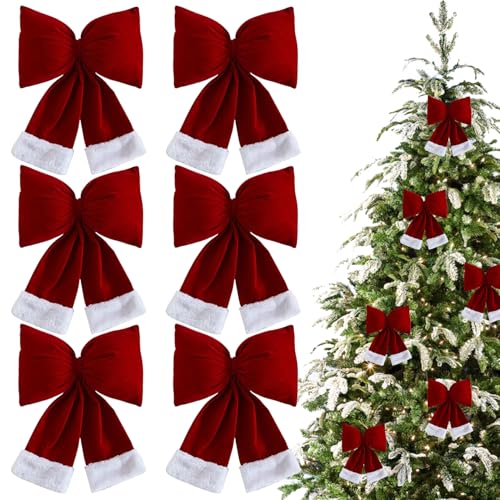 6pcs rote Weihnachtsbögen 5.5x3.9 '' 3D Flocking Samt Weihnachtsbaumbögen mit weißer Kante einfach hängende Elegante Weihnachtsbaumbögen für Weihnachtsbaumdekoration. von CNAFGBGG