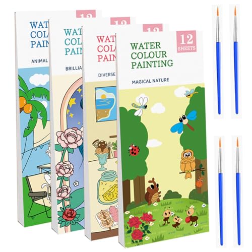 CNAFGBGG 4Set Mini Aquarell Pack Pad Zwei-in-Eins-Funktion 12-Seiten-Aquarellbuch mit Pinsel Aquarell Malbuch Tragbares Wasserfarbe Buch für Kinder 3+ Jahre alt. von CNAFGBGG