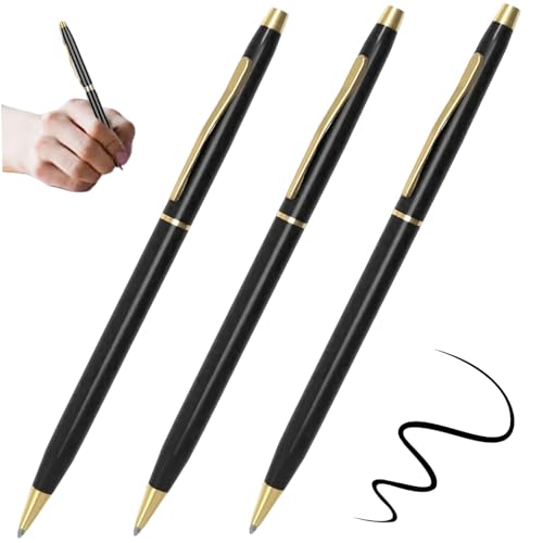 CNAFGBGG Kugelschreiber schwarze Tinte 3pcs 1mm Tipp aus Edelstahl Kugelschreiber mit Clip Exquisite Black & Gold 5 Länge Slim Pens Kugelschaltpunkt für Schule, Büro, Geschäft von CNAFGBGG