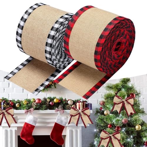 Dekoband mit Drahtrand, für Weihnachtsbasteln, 6 Yard-Rolle, Leinenimitat mit kariertem Design (A) von CNANRNANC