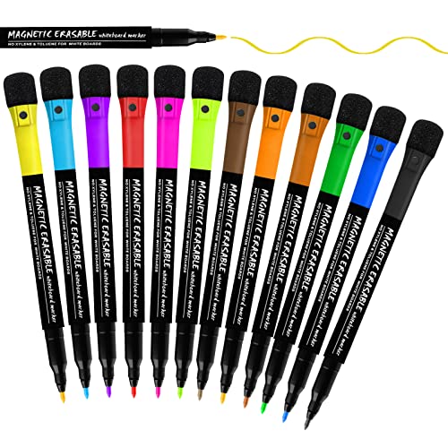 CNMTCCO Whiteboard Marker, 12 Farben Magnetische Whiteboard Stifte, Folienstift Abwischbar mit Radiergummi, Rundspitze 1-2mm, Trocken Abwischbare Marker für Büro Zuhause Schule von CNMTCCO