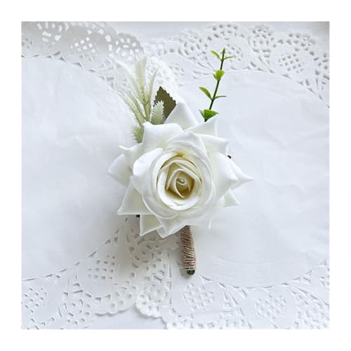 CNYUON Boutonniere 6 Stück Boutonniere Corsage Hochzeit Party Zubehör Brosche Blumen Rosen Künstliche Knopfloch Männer Hochzeit Trauzeugen Für Hochzeit Blazer(White) von CNYUON