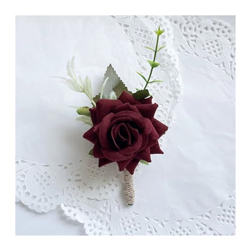 CNYUON Boutonniere 6 Stück Boutonniere Corsage Hochzeit Party Zubehör Brosche Blumen Rosen Künstliche Knopfloch Männer Hochzeit Trauzeugen Für Hochzeit Blazer(Wine Red) von CNYUON