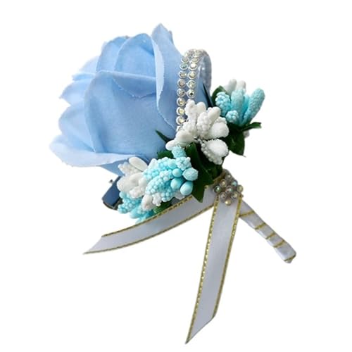 CNYUON Boutonniere 6 Stück Hochzeitsstrauß Künstliche Rosenblumen Brosche Korsagen Band Spitze Abschlussball Boutonniere Pins Für Hochzeit Blazer(Blue) von CNYUON