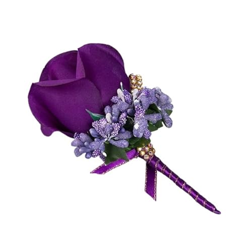 CNYUON Boutonniere 6 Stück Hochzeitsstrauß Künstliche Rosenblumen Brosche Korsagen Band Spitze Abschlussball Boutonniere Pins Für Hochzeit Blazer(Deep Purple) von CNYUON