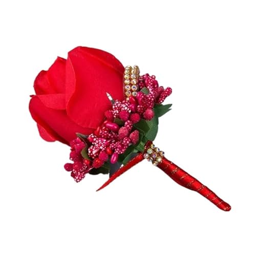 CNYUON Boutonniere 6 Stück Hochzeitsstrauß Künstliche Rosenblumen Brosche Korsagen Band Spitze Abschlussball Boutonniere Pins Für Hochzeit Blazer(Red) von CNYUON