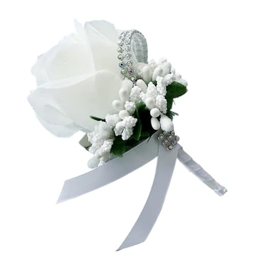 CNYUON Boutonniere 6 Stück Hochzeitsstrauß Künstliche Rosenblumen Brosche Korsagen Band Spitze Abschlussball Boutonniere Pins Für Hochzeit Blazer(White) von CNYUON