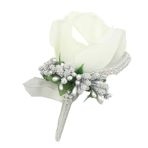 CNYUON Boutonniere 6 Stück Hochzeitsstrauß Künstliche Rosenblumen Brosche Korsagen Band Spitze Abschlussball Boutonniere Pins Für Hochzeit Blazer(White Silver) von CNYUON