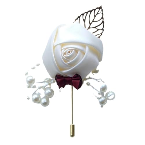 CNYUON Boutonniere 8 Stücke Zeremonie Hochzeit Prom Corsage Blume Rose Brosche Pins Perle Schleife Braut Bräutigam Blumen Boutonniere Satinband Zubehör Für Hochzeit Blazer(Milky White) von CNYUON