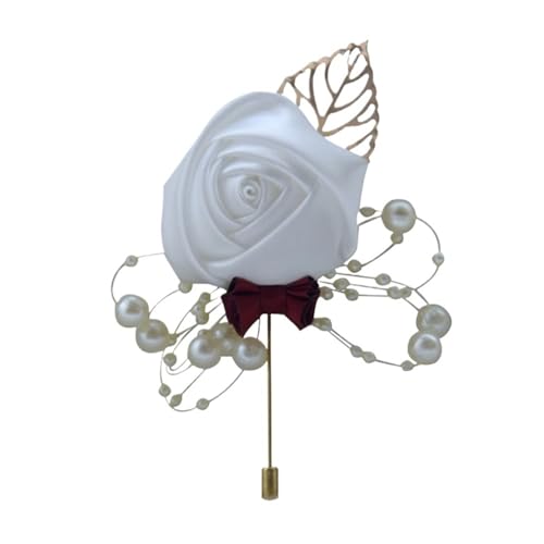 CNYUON Boutonniere 8 Stücke Zeremonie Hochzeit Prom Corsage Blume Rose Brosche Pins Perle Schleife Braut Bräutigam Blumen Boutonniere Satinband Zubehör Für Hochzeit Blazer(White) von CNYUON