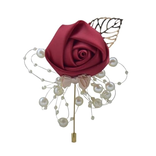 CNYUON Boutonniere 8 Stücke Zeremonie Hochzeit Prom Corsage Blume Rose Brosche Pins Perle Schleife Braut Bräutigam Blumen Boutonniere Satinband Zubehör Für Hochzeit Blazer(Wine red) von CNYUON