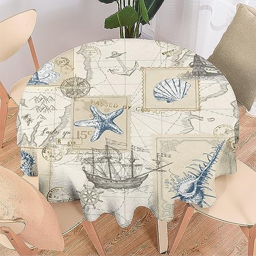 COALHO Nautische Küstendekoration Runde Polyester-Tischdecke Vintage Segelboot Seepferdchen Seestern Leuchtturm Anker Druck für Bankett Tisch Geburtstag Party Buffet Hochzeit - 127 x 127 cm von COALHO