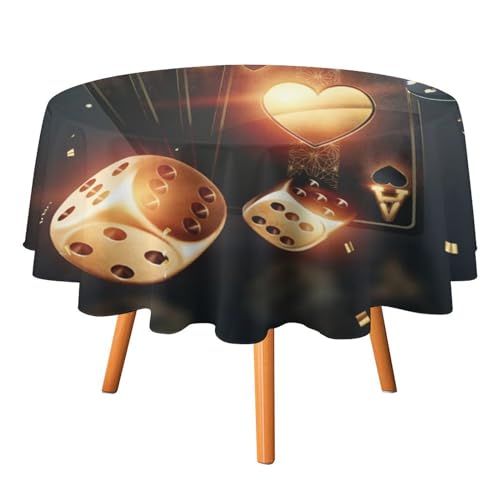 COALHO Runde Tischdecke mit coolem Poker-Casino-Thema, Polyester, modern, schwarz, gold, Pokerturnierchips, Pokerkarten, runde Tischdecke für Küche, Abendessen, 50 von COALHO