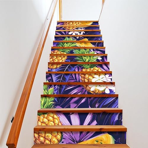 COALHO Sommer Tropische Früchte Treppe Aufkleber Kunst Aufkleber Treppe Dekorationen Bunte Aquarell Ananas Lila Palmblatt Wassermelone Heimdekoration 100CMx18CMx2 Set von COALHO