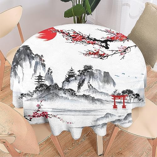 COALHO Vintage Aquarell Japanische Wohnkultur Runde Polyester Tischdecke Stil Abstrakte Tinte Japan Landschaft Torii Tor für Bankett Tisch Geburtstag Party Buffet Hochzeit - 127 x 127 cm von COALHO