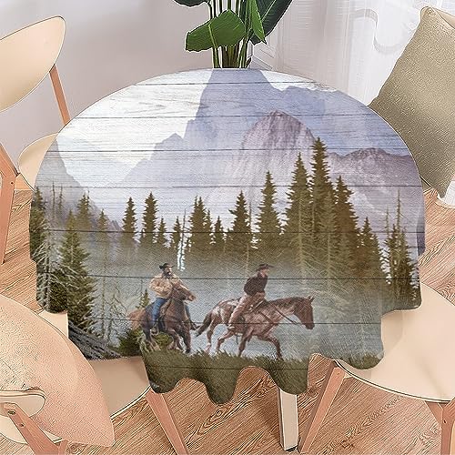 COALHO West Country Cowboy, maschinenwaschbar, Tischdekoration, Indianer, Wald, Berg, Cowboys, Pferde, schützt den Tisch, leicht zu reinigen, 127 x 127 cm von COALHO