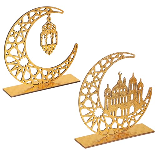 2 Stück Holz Eid Mubarak Ramadan Kareem Dekorationen Eid Tisch Zeichen Mond Hohle Stern Freistehend Tisch Centerpiece Hängende Ornamente Tischdekoration für Muslim Islam Tischdekoration von COCHIE