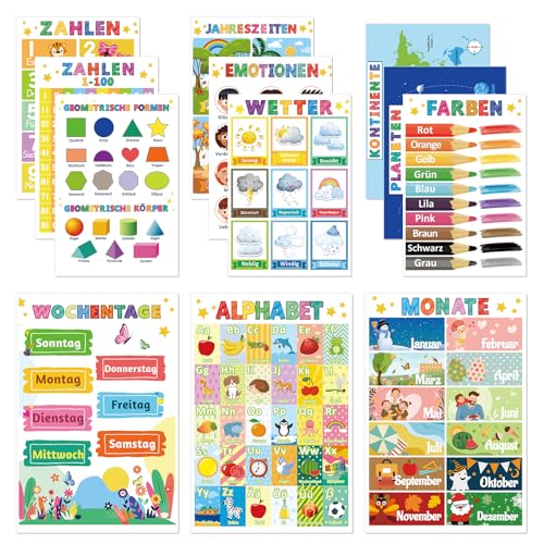 COCHIE 12 Pädagogische Montessori Lernposter A4, Alphabet Zahlen Poster für Kinder Vorschule Grundschule, Bilder Kinderzimmer Klassenzimmer Deko Jungen Mädchen von COCHIE