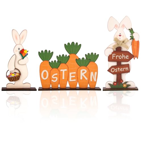 COCHIE 3 Stück Osterhase Deko aus Holz, Osterdeko Holz Hase und Karotten,Osterdeko-Schreibtischständer,Osterdekoration Garten Osterhasen Deko Holz, Osterpartydekorationen von COCHIE