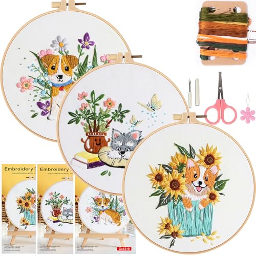 COCOMOX 3 Sets Stickset für Anfänger, Hundeblumenmuster, Stickset für Erwachsene, Handstickerei-Set für Kinder, leicht verständliche Anleitung und Video von COCOMOX