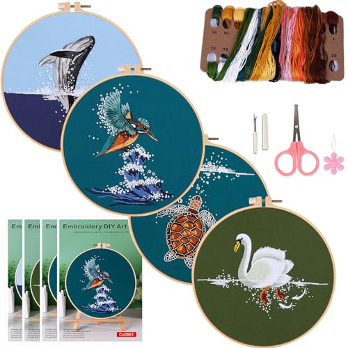 COCOMOX 4 Sets Stickset für Anfänger, Handstickstich-Übungsset für Erwachsene, Delfin, Schwan, Schildkröte, Kolibri-Muster, Stickset für Kinder, Handstich, DIY-Set von COCOMOX