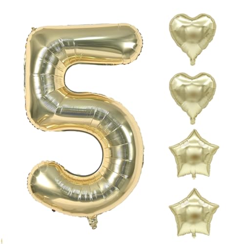 Zahlen Luftballon Champagner Gold, Hell Gold Folienballon, 40 Zoll Zahlenballon 0-9 Helium Ballon, 18 Zoll Pentagramm Liebe Luftballon, Geburtstag für Mädchen Junge (5) von COCPZ&ZL