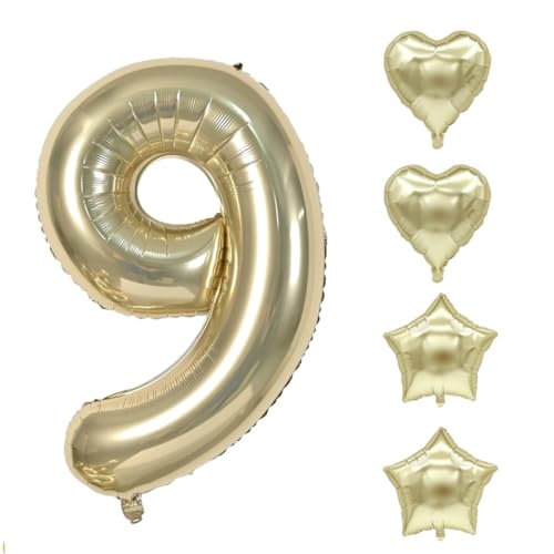 Zahlen Luftballon Champagner Gold, Hell Gold Folienballon, 40 Zoll Zahlenballon 0-9 Helium Ballon, 18 Zoll Pentagramm Liebe Luftballon, Geburtstag für Mädchen Junge (9) von COCPZ&ZL