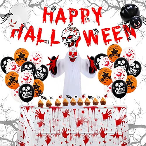 CODIRATO Halloween Deko Set Halloween Party Dekoration mit Happy Halloween Girlande Halloween Luftballons Halloween Kuchen Topper Blutige Tischdecke Halloween Ballon Dekoration für Halloween Party von CODIRATO